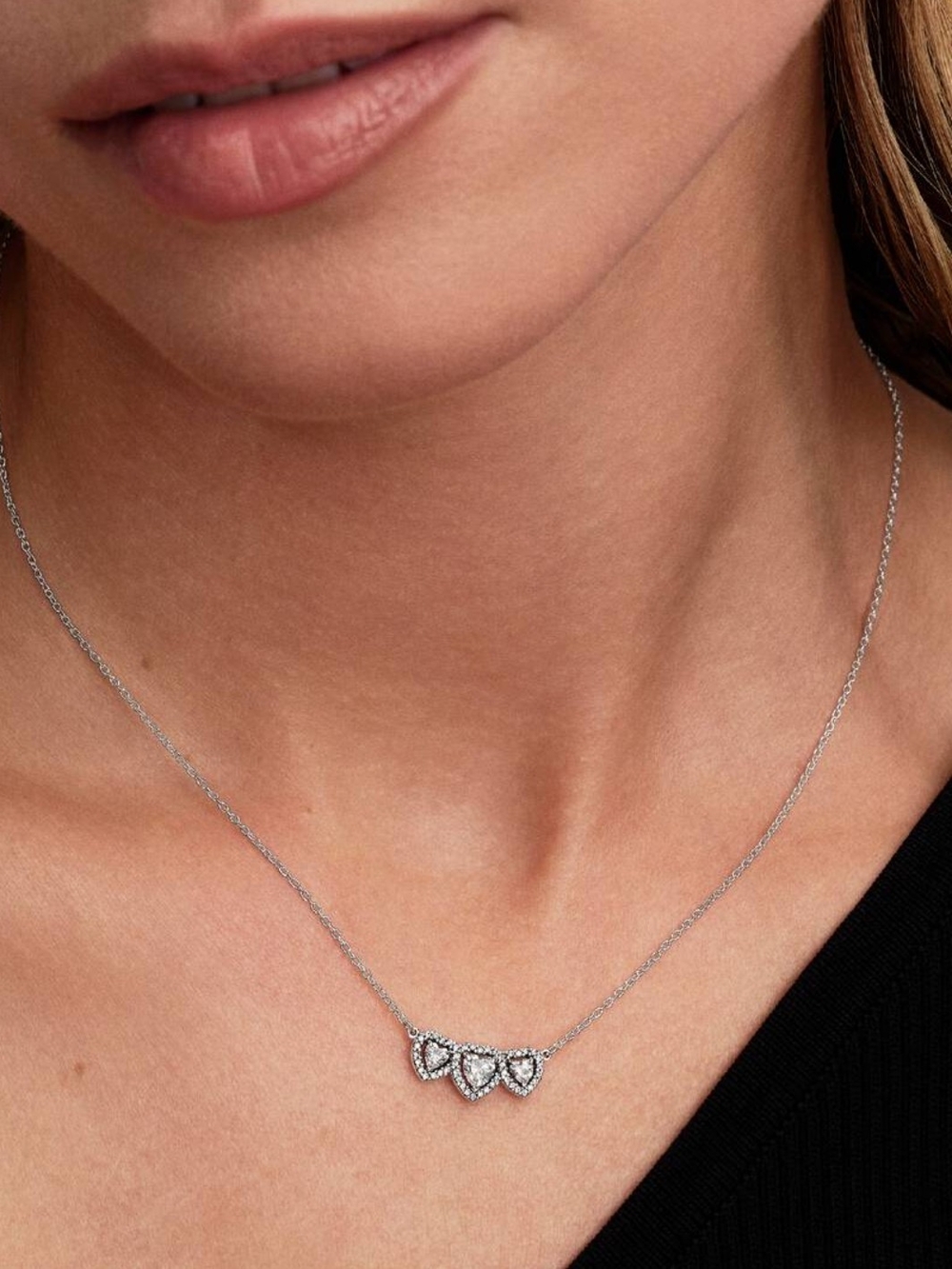 Pandora Silver Triple Heart Necklace with Sparkling Accents - Silver